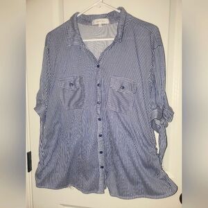 Eden & Olivia Navy/White striped short sleeved button down top size 2X
